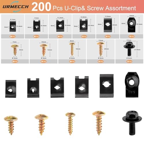 200Pcs Car U-Nuts Clips and Screw Assortment Kit, 11 Different Sizes