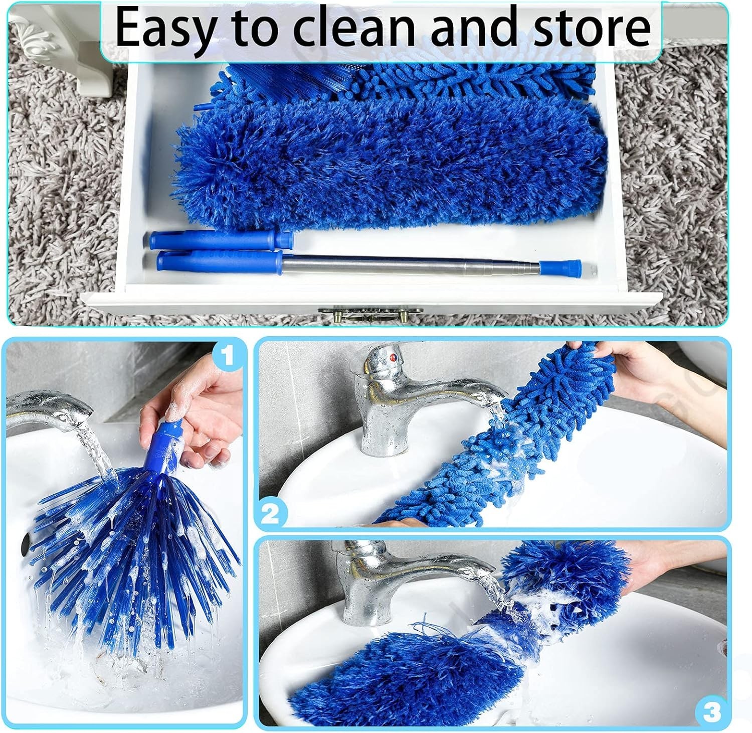 Professional Cleaning Microfiber Duster Set - Telescopic, Washable, 5 Color Blue