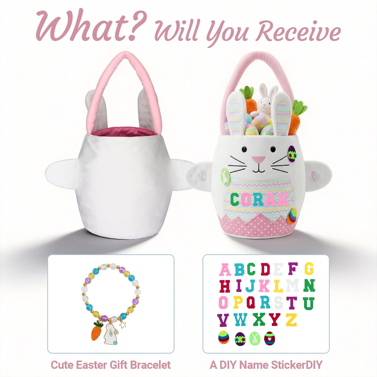 Easter Baskets for -Pink Cute Easter Bunny Baskets with Felt Letter Stickers ...