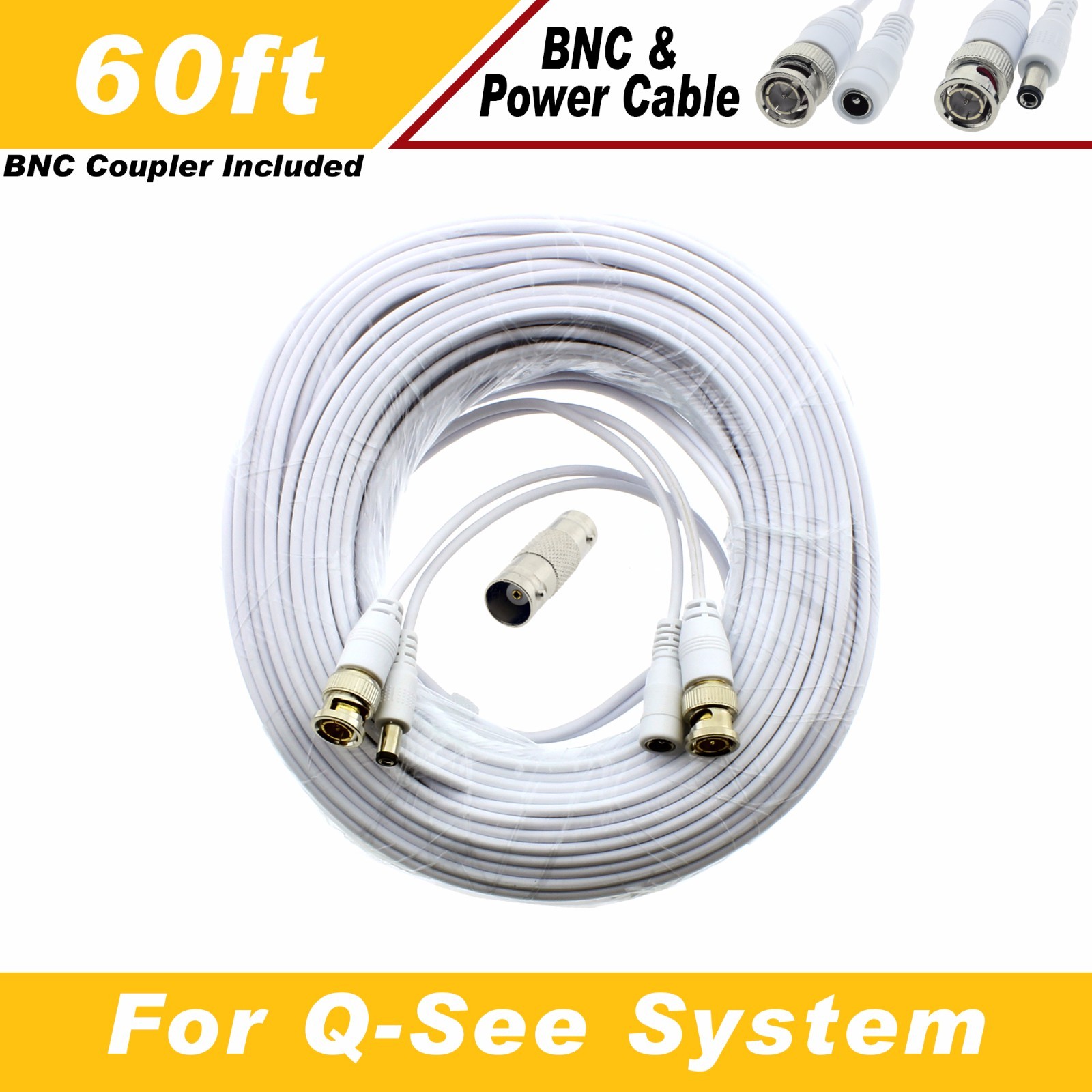 WHITE PREMIUM 60Ft CCTV SURVEILLANCE BNC EXTENSION CABLES FOR Q-SEE SYSTEMS