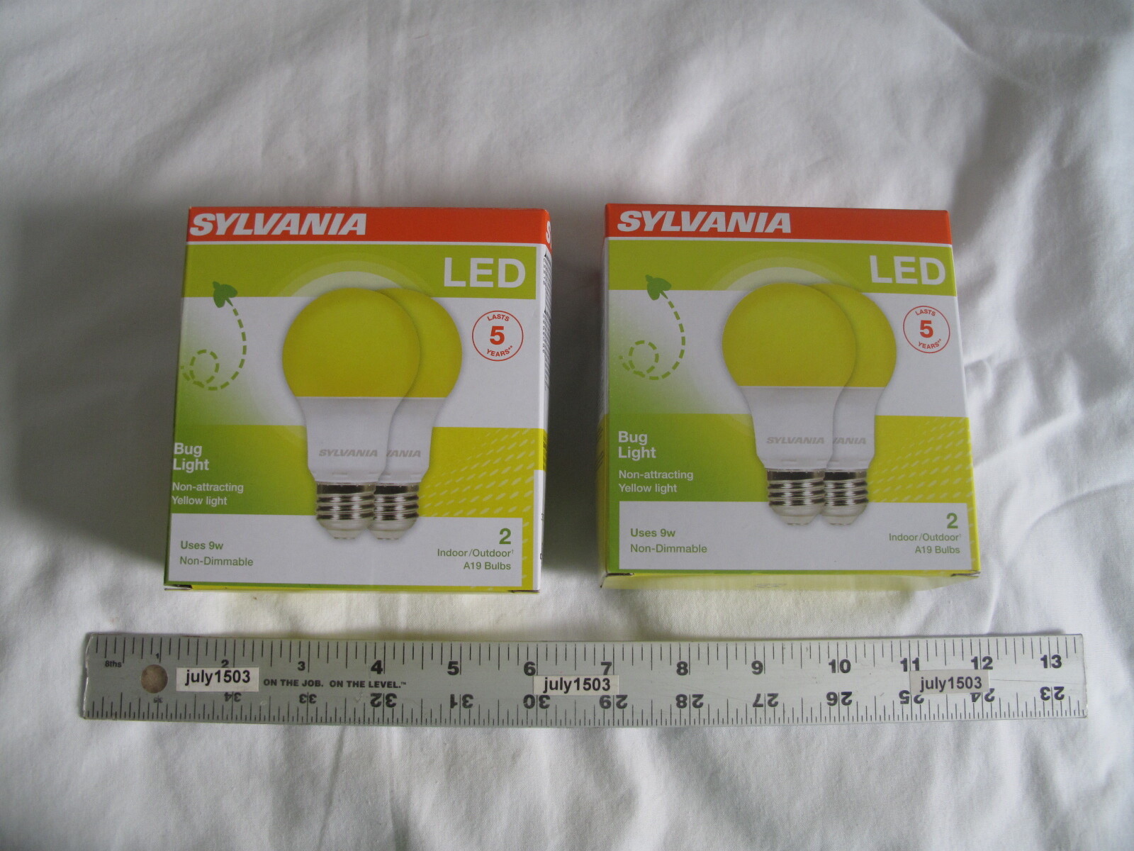 (4) NEW Sylvania Yellow LED Bug Light Bulbs 60W (9W Actual) A19 Indoor/Outdoor