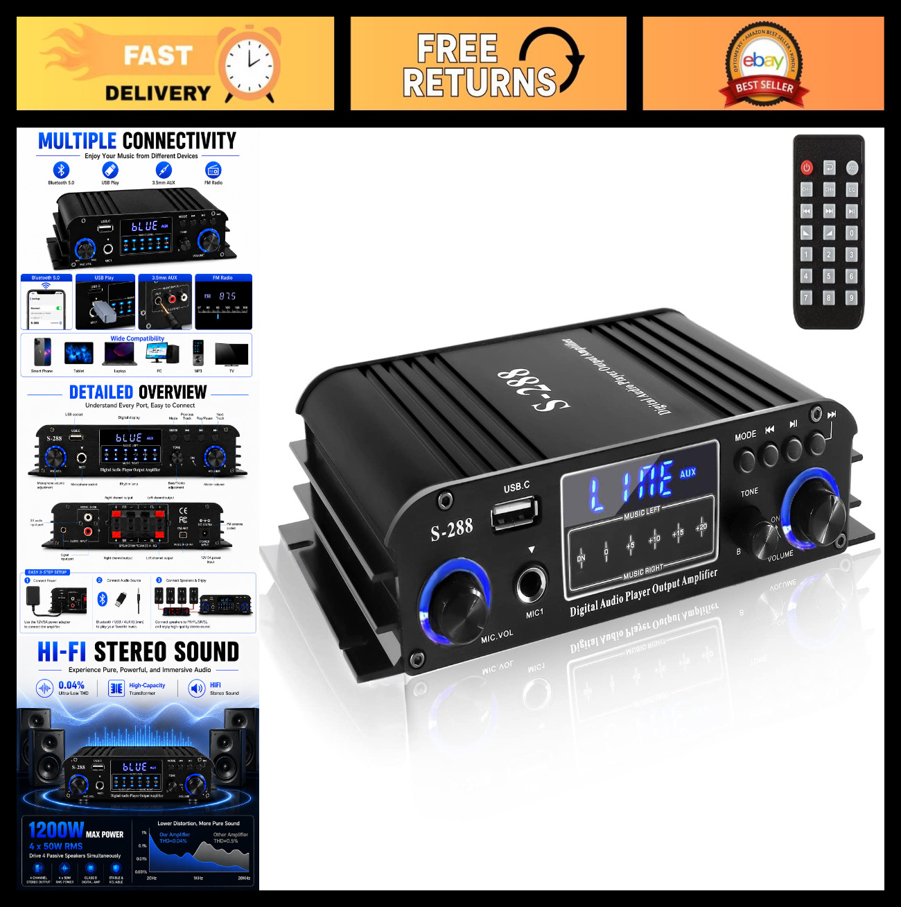 4 Channel Bluetooth 5.0 Stereo Amplifier 1200W Max, HiFi Home Audio Receiver, US