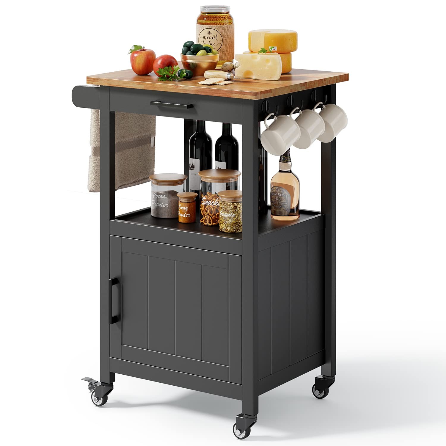 Kitchen Island on Wheels with Drawer, Storage Cabinet, Shelf and Side Hook, R...