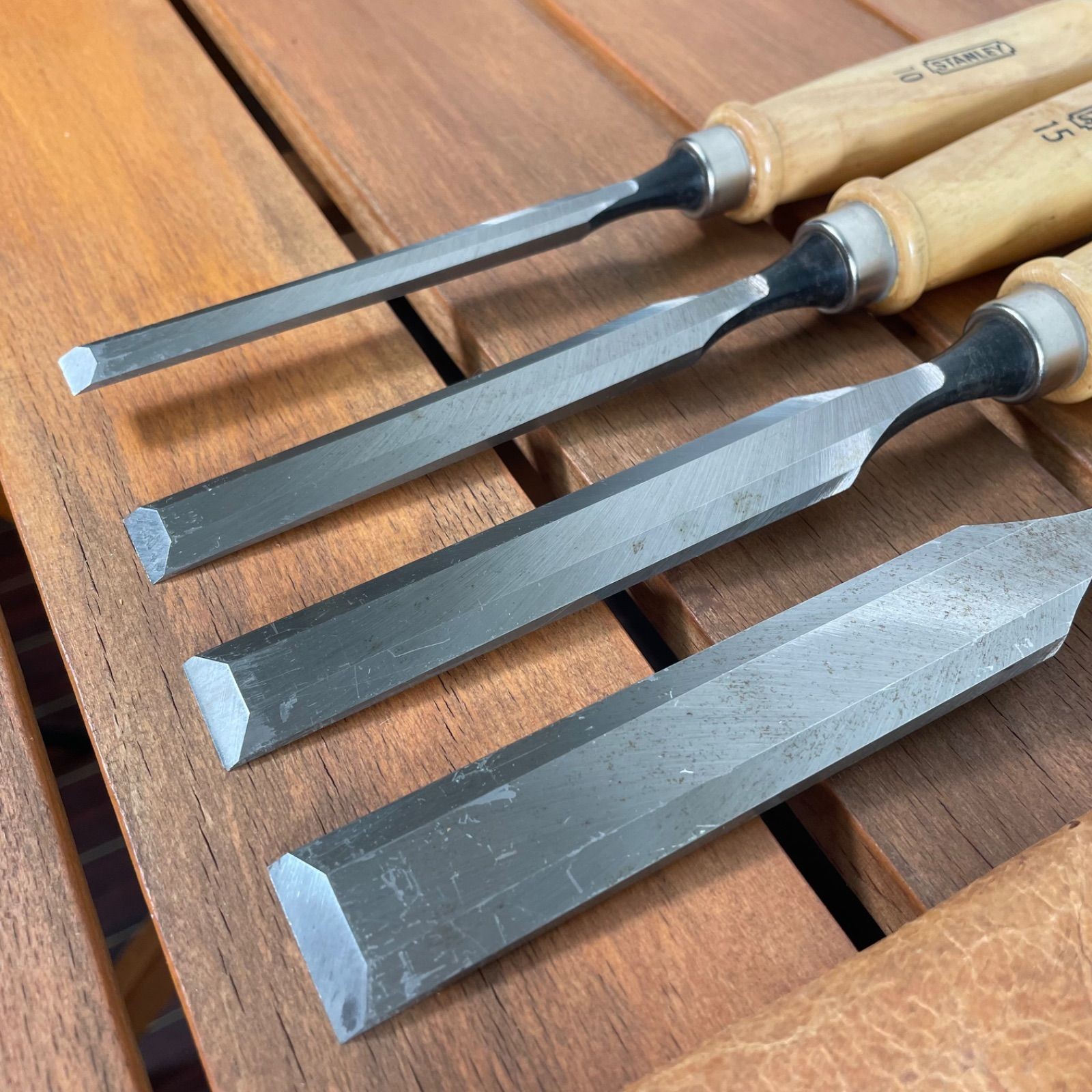 STANLEY Chisel Set 4 Pc with Leather Cover Used Woodworking Hand Tools