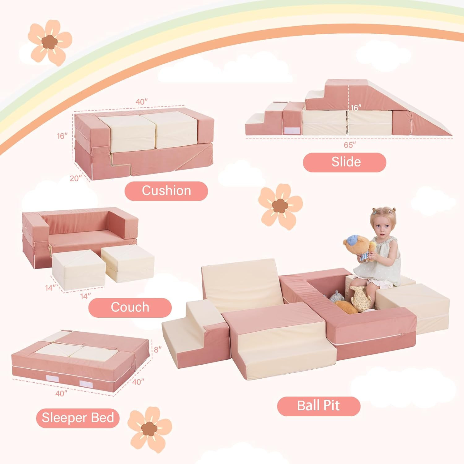 Modular Kids Couch with Ottomans, Foam Blocks & Slide for Playroom Fun