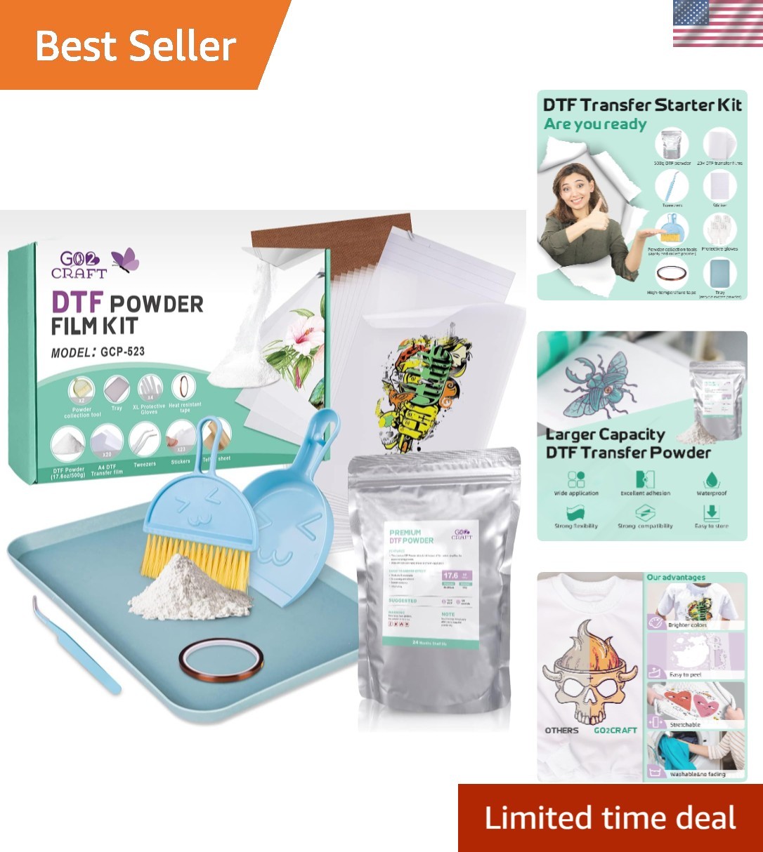 Hot Melt Powder and DTF Transfer Flim Kit, 20Pcs DTF Film for DTF Sublimation...