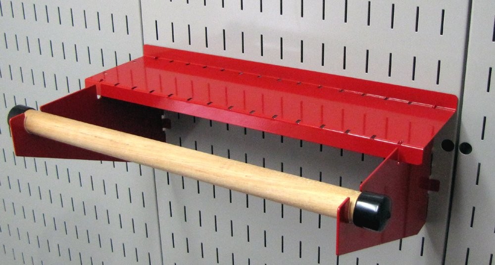 Red Pegboard Paper Towel Holder, Dowel Rod Shelf, Slotted Tool Board Storage