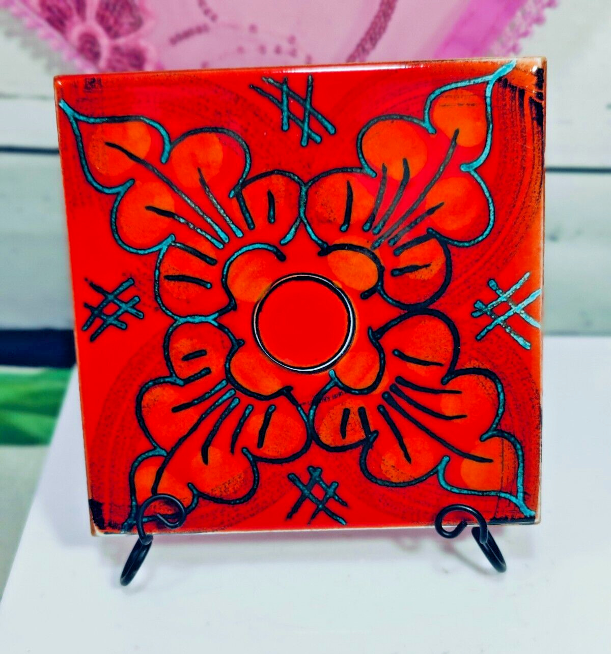 6" x 6" Hand Painted Black and Red Enamel Italian Tile