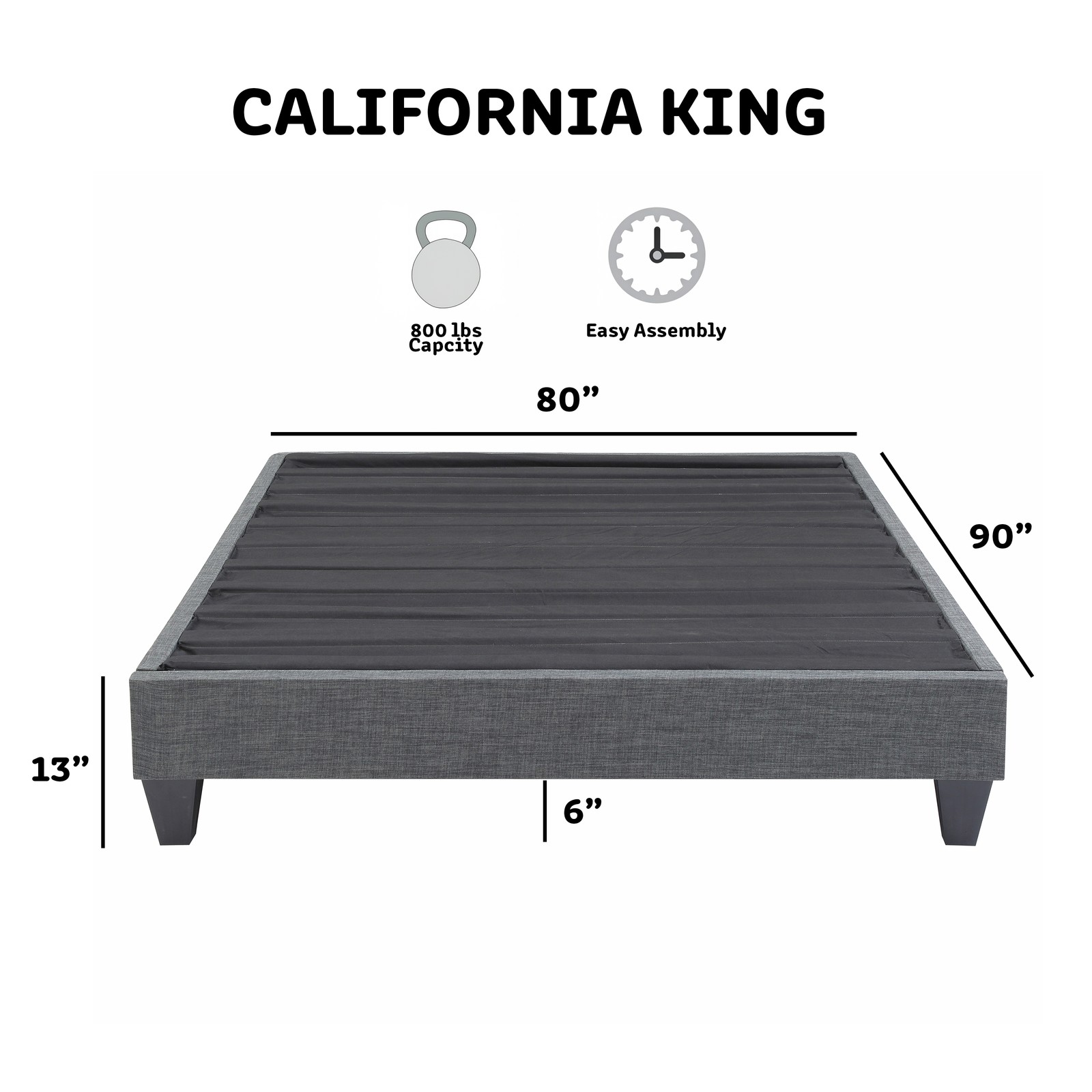 Grey Polyester Upholstered Platform Bed Frame, California King