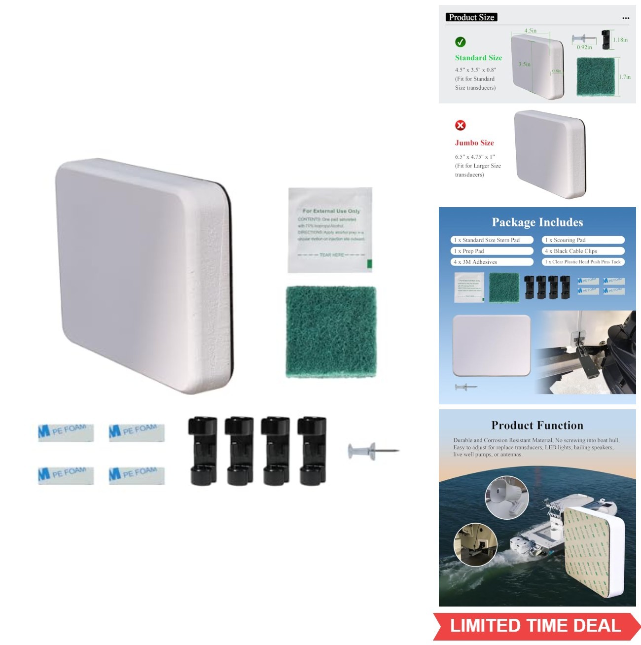 Transducer Mounting Plate 4.5x3.5x0.75 Inch Adhesive Stern Pad Screwless Kit