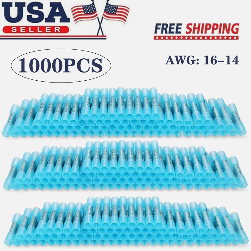 1000Pcs Heat Shrink Waterproof Wire Connectors 14-16AWG Butt Seal Terminals Blue