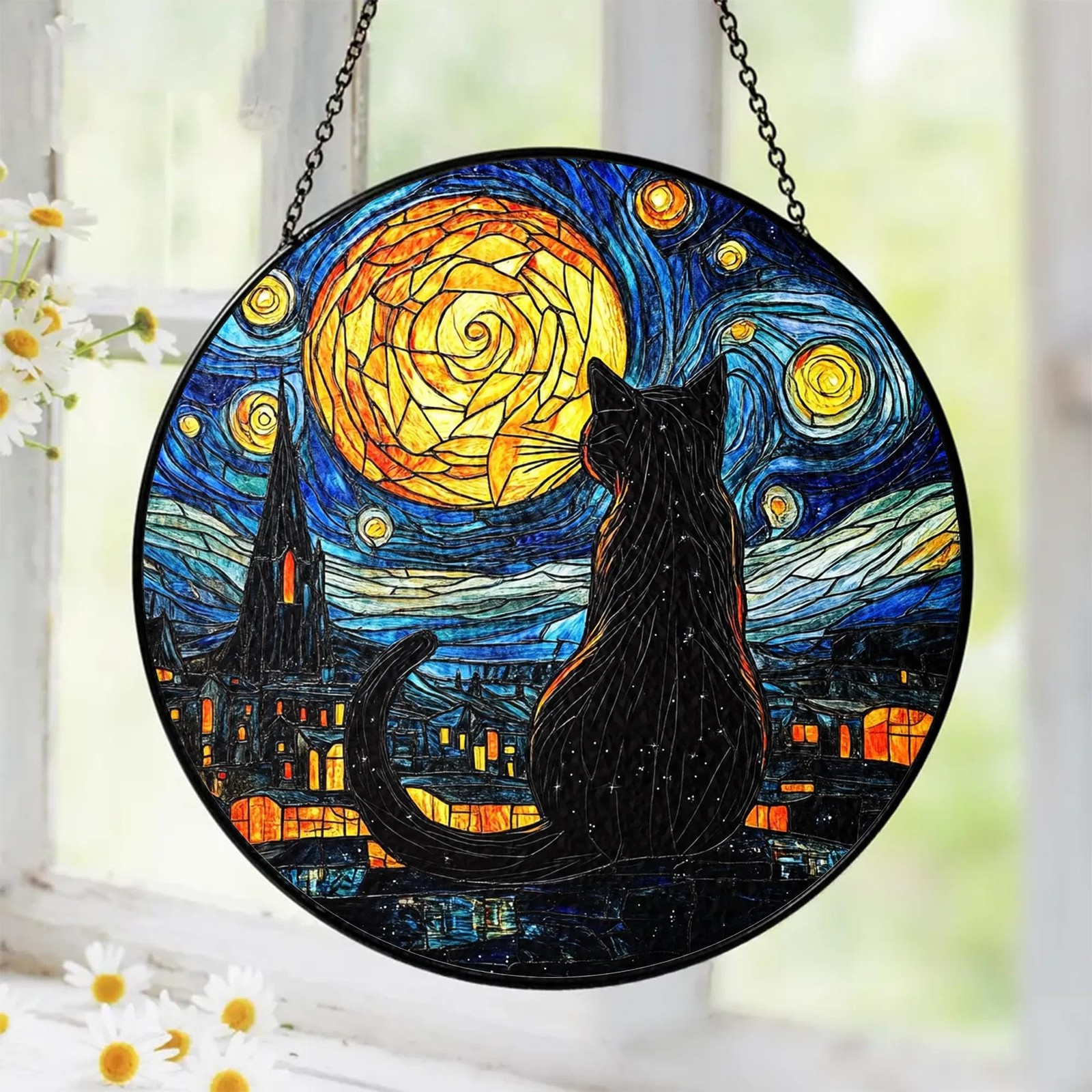 Black Cat Stained Glass Suncatcher Window Hanging Decor for Garden, Suncatche...