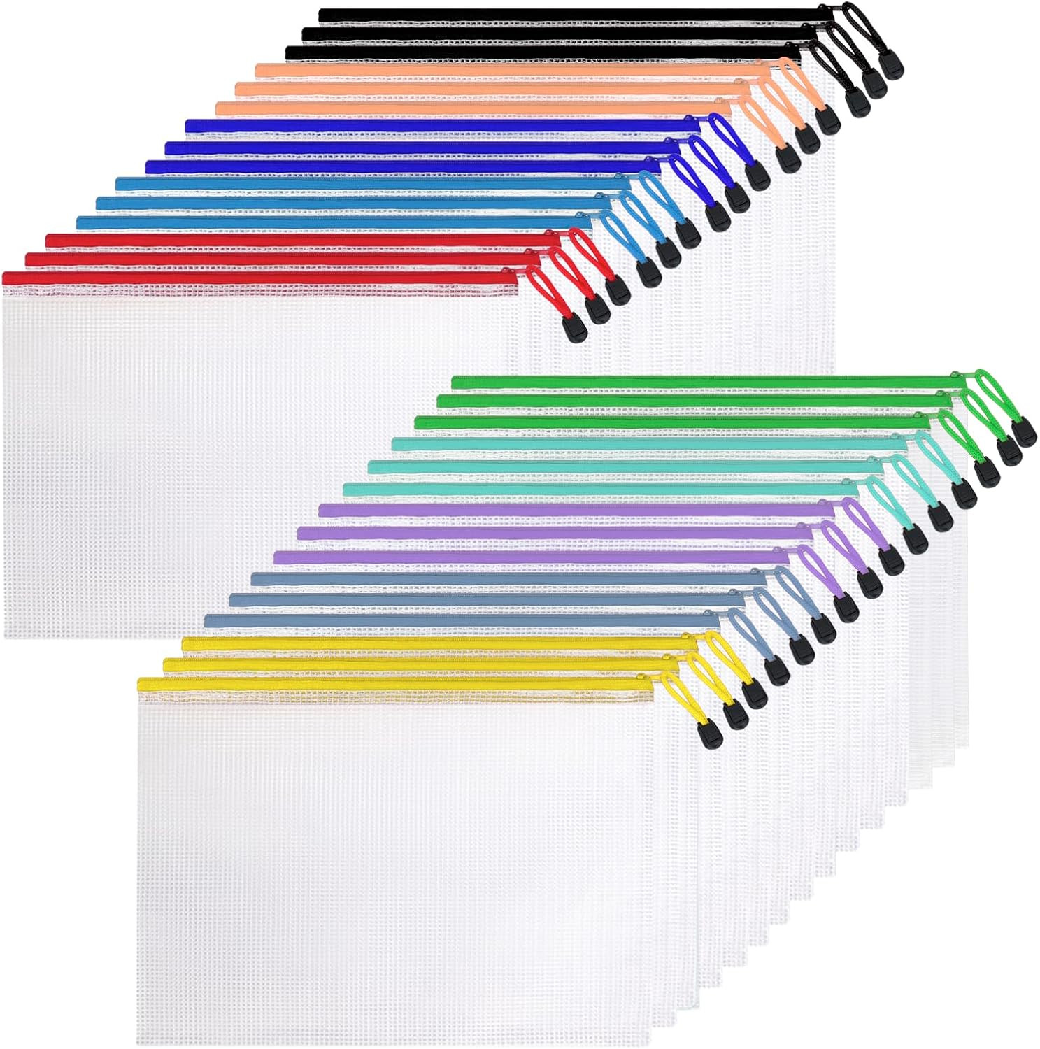 30 Pcs Mesh Zipper Pouch Bags, A4 Size Waterproof File Bags, with 10 Colors, for