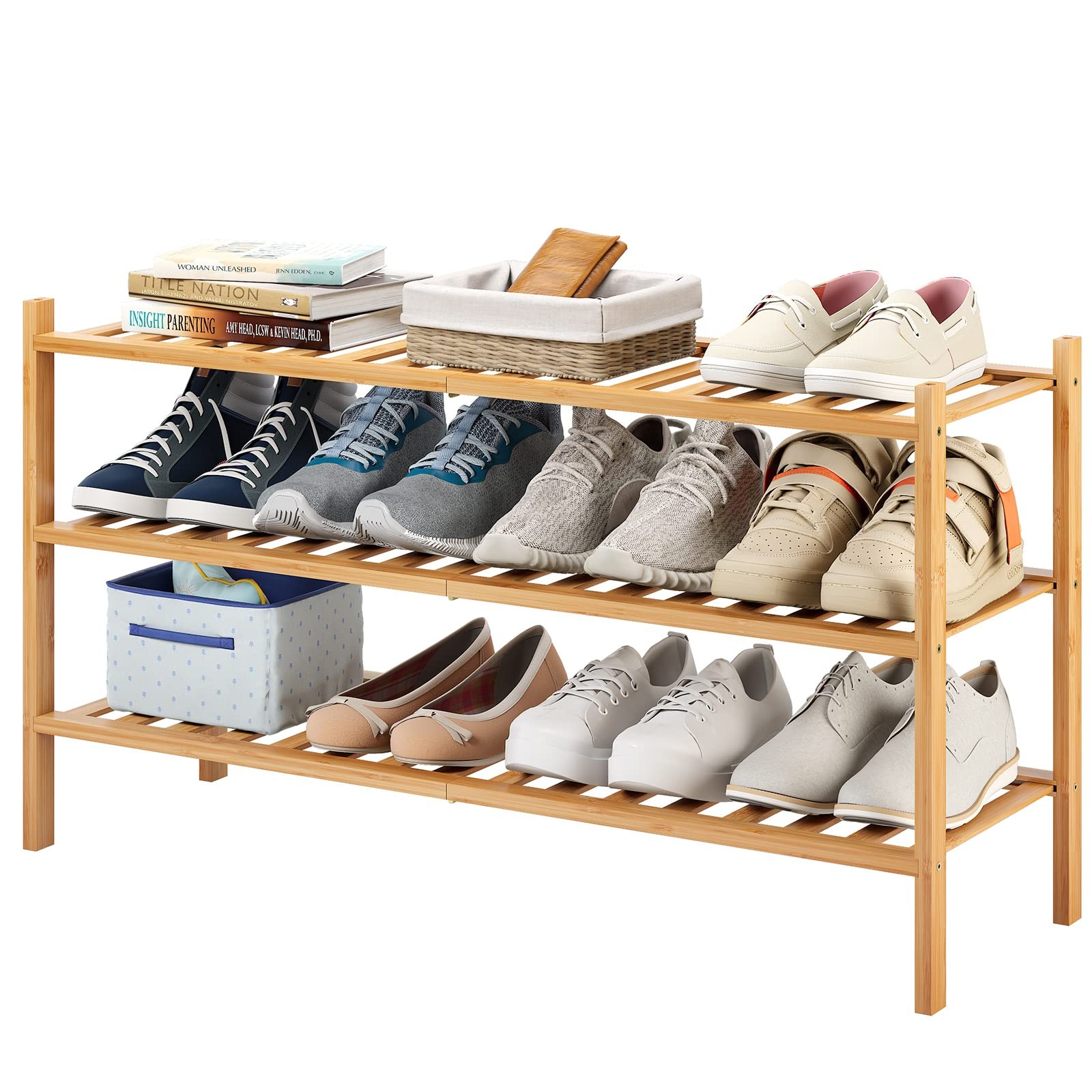 Furshus Long Shoe Rack, 3-Tier Bamboo Stackable 3-Tier-Long, Natural