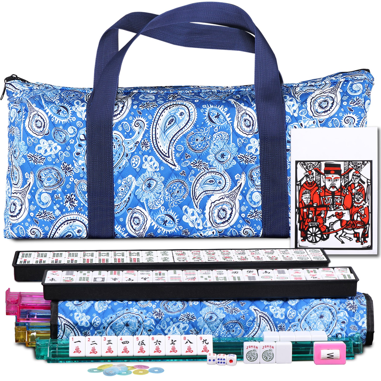 166 Premium White Tiles 4 All-in-One Color Rack/Pushers  Mahjong Tiles Blue Bag