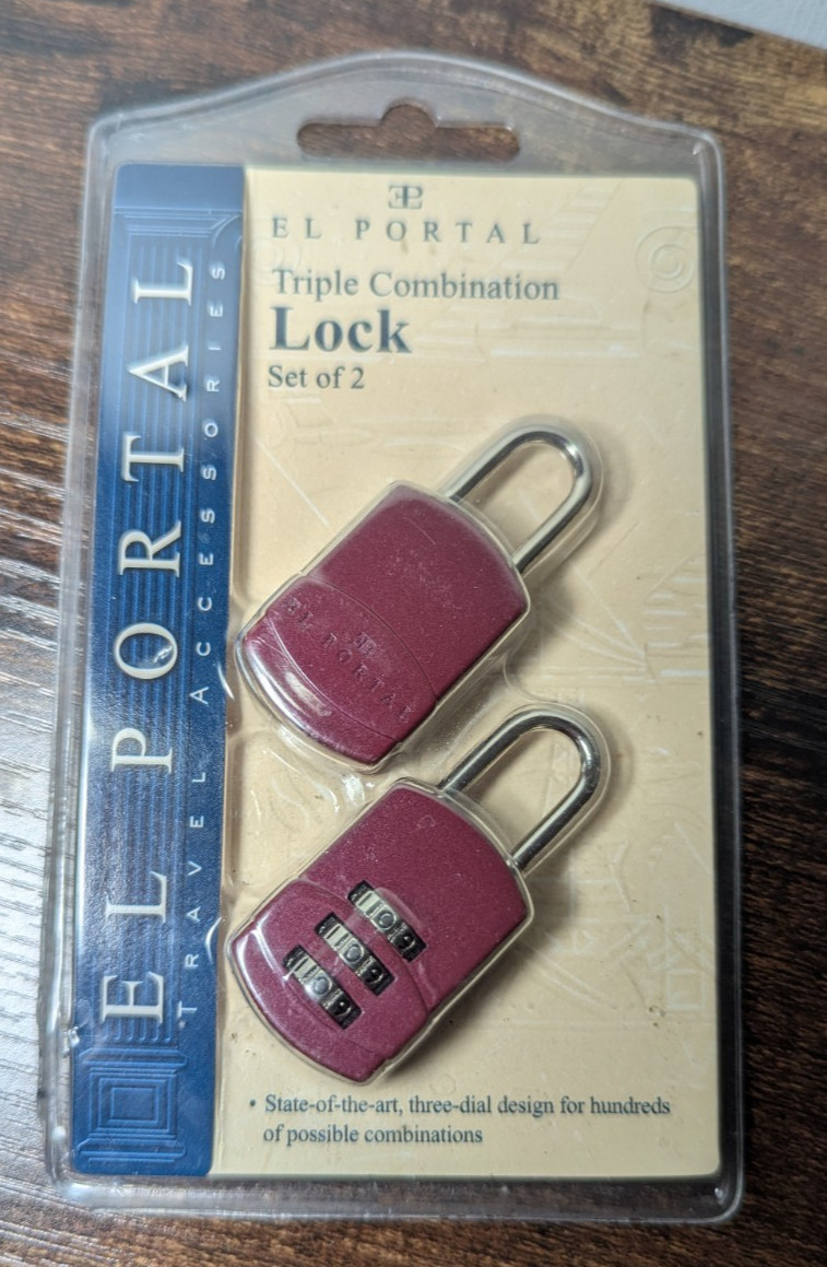 El Portal Triple Combination Locks-Set of 2 New Sealed-Burgundy-Secure Luggage