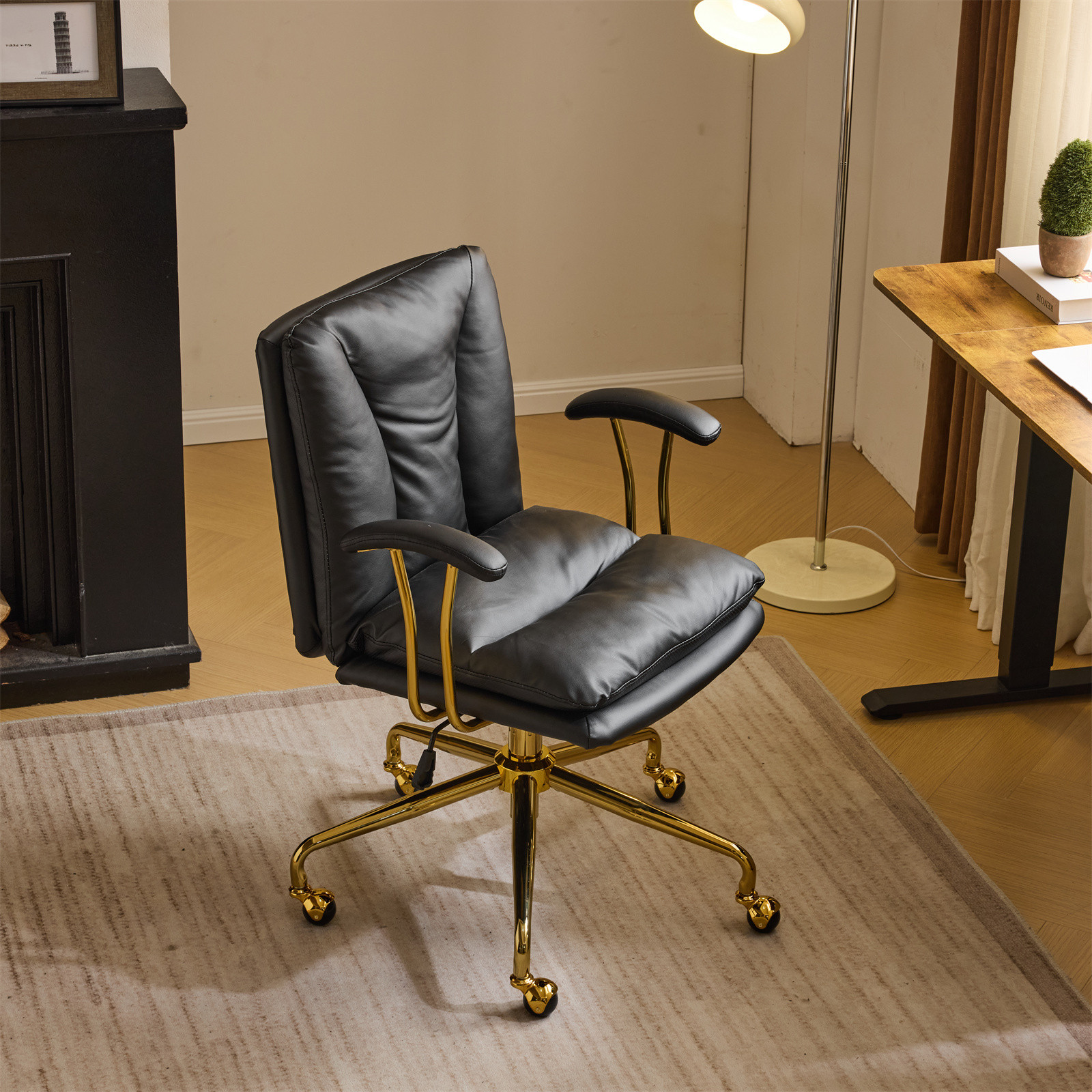 LEADZM Rolling Computer Chair for Home Office, Thick Padded Comfy Desk Armchair