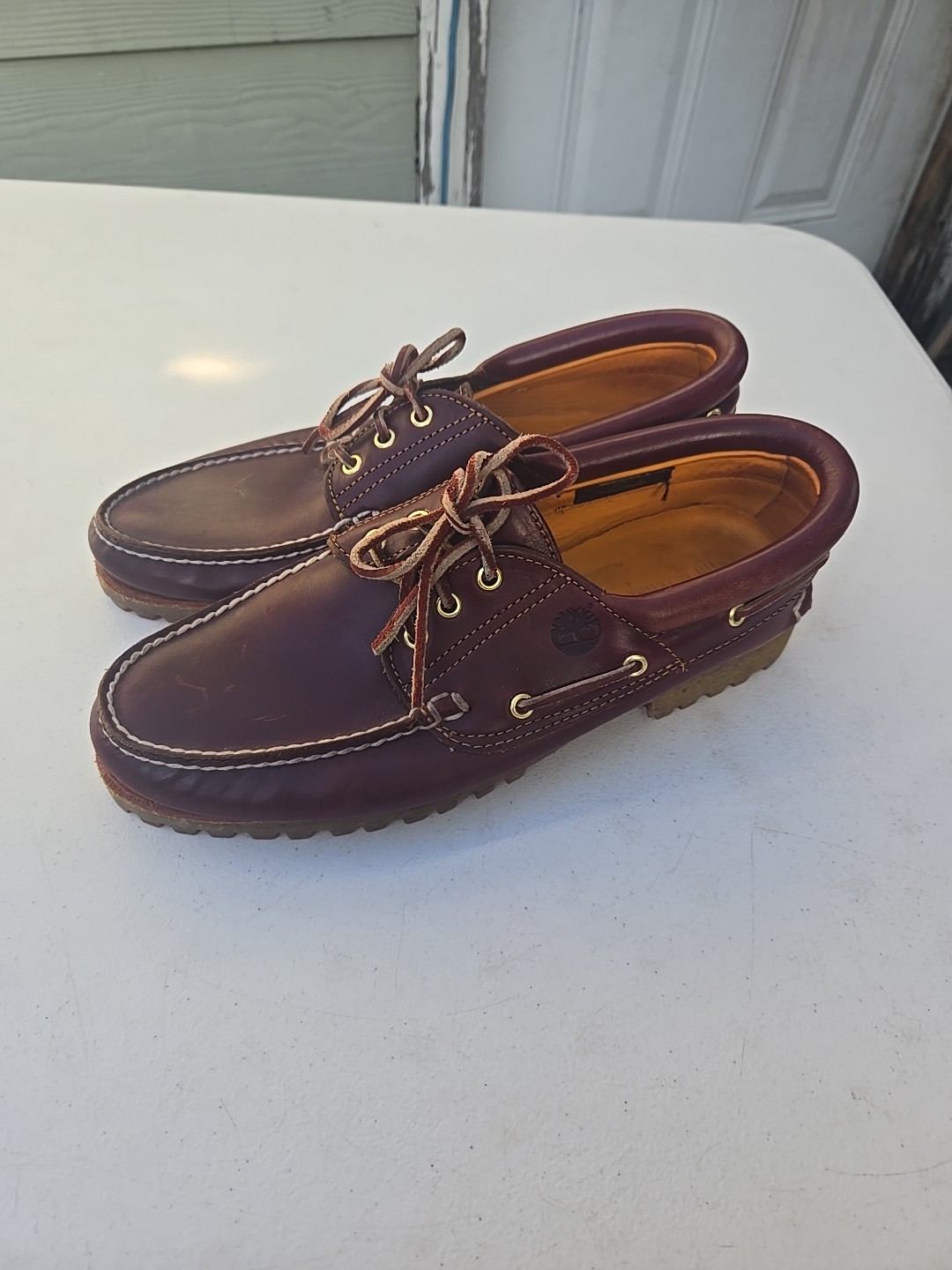 Timberland Handsewn 3 Eye Lug Mens Leather Boat Shoes 50009 Burgundy Size 11.5M