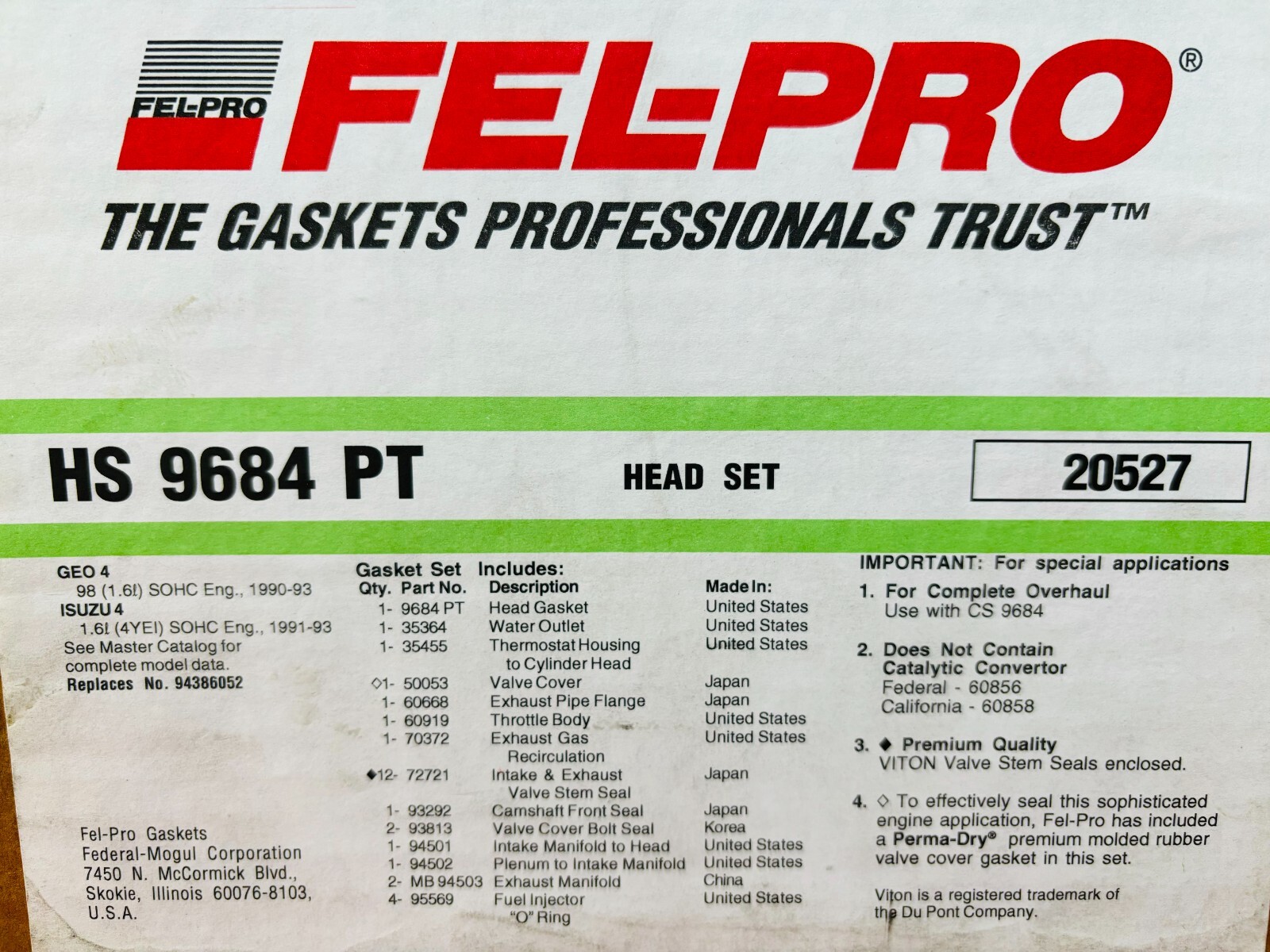 Engine Head Gasket Set Fel-Pro HS 9684 PT FOR GEO ISUZU 1.6L SOHC 91-93 HS9684PT