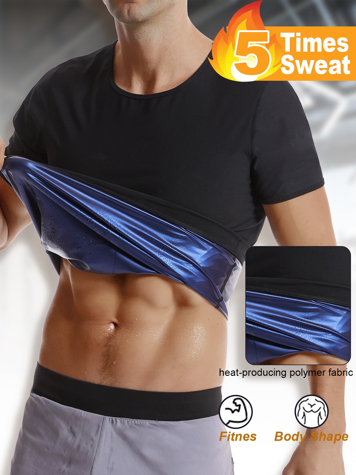 Men Sauna Shirt Heat Trapping Sweat Suit, Gym T-Shirt Workout Tank Top Trimmer
