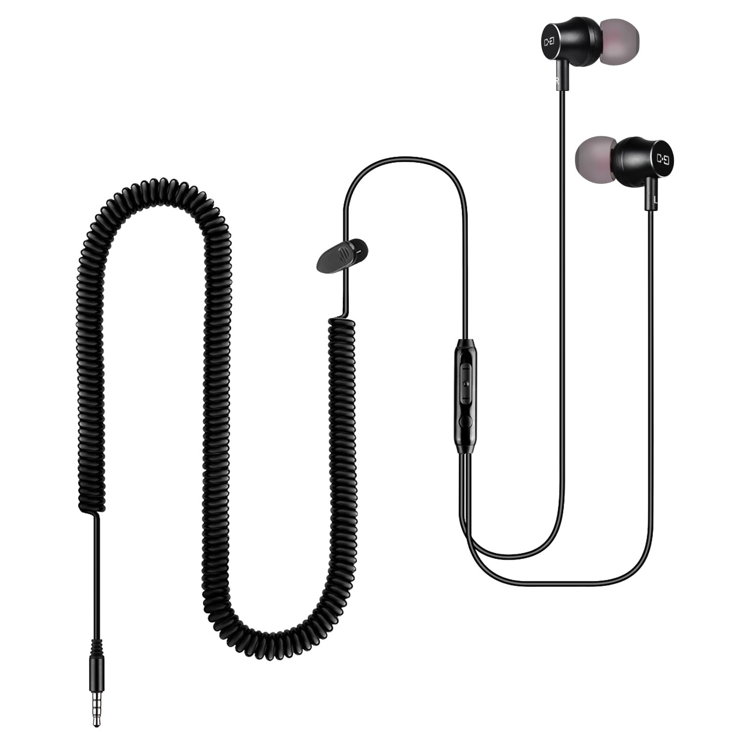 Extra Long Earbuds for TV & PC, with 12FT Spring Coiled Extension Cable, Volume
