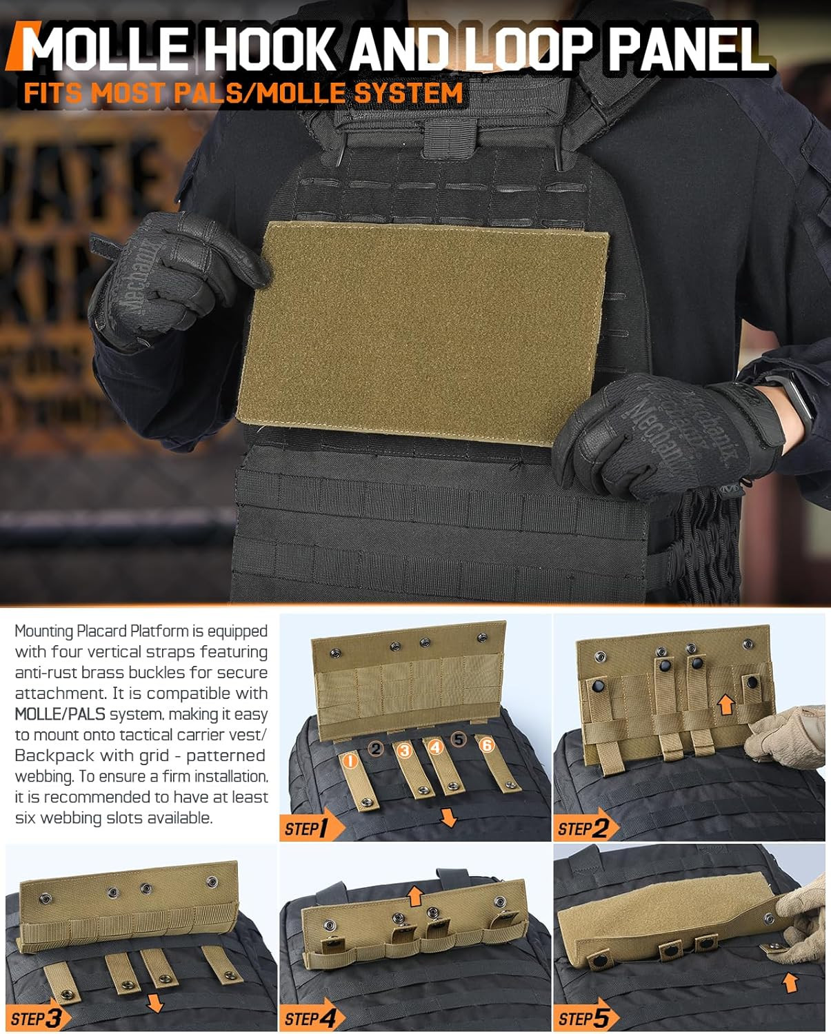 Molle Loop Panel Large, Mounting Placard Platform for Hook-Backing Pouch, Tactic