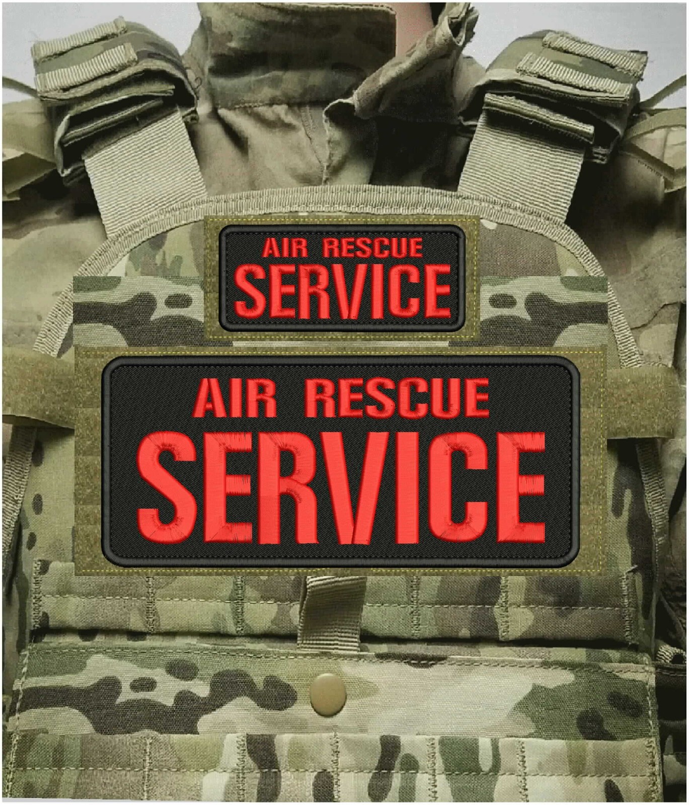 AIR RESCUE SERVICE EMBROIDERY PATCHES 4X10 AND 2X5 HOOK ON BACK RED ON BLACK