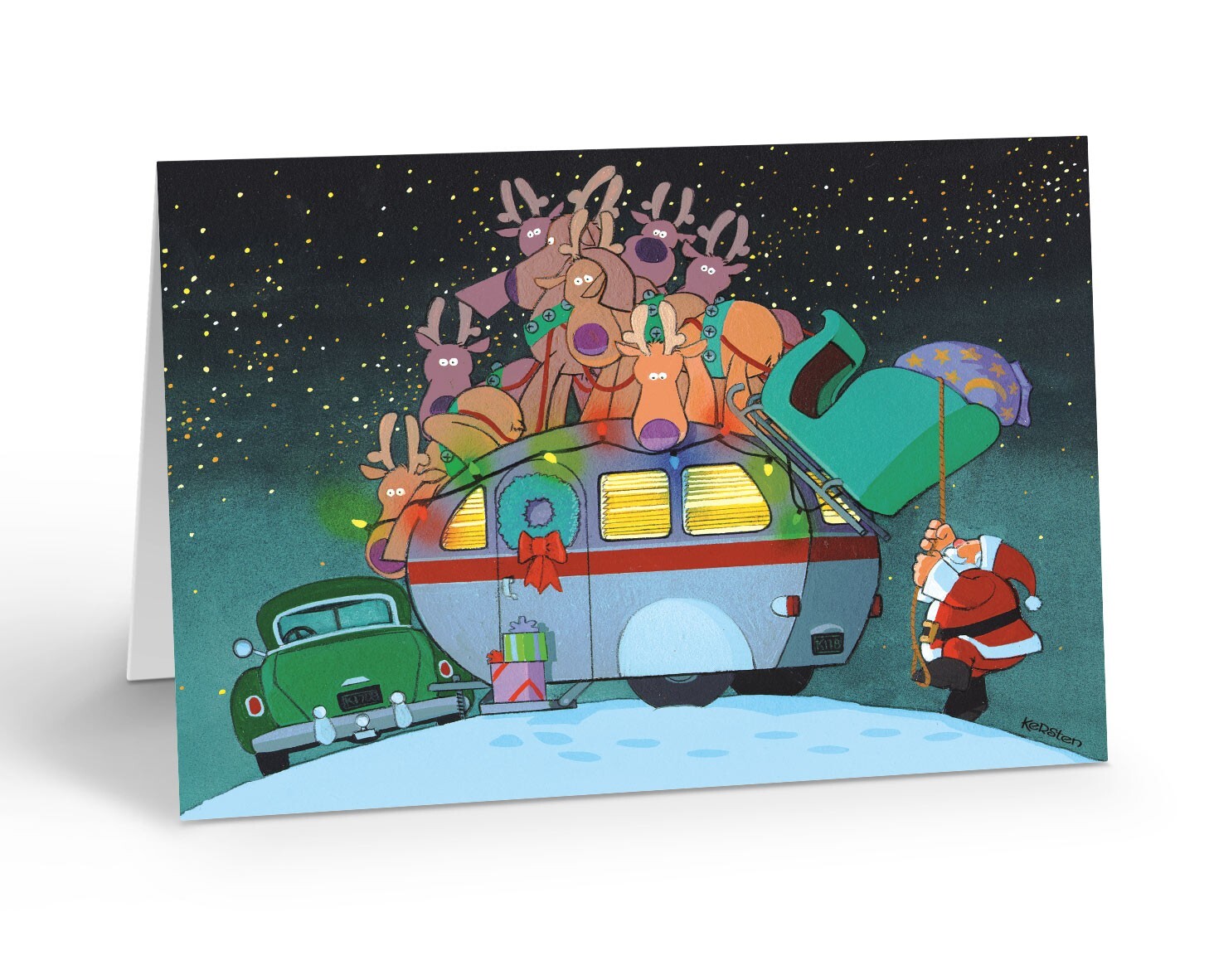 Camper and Santa Christmas Card - 18 Cards & Envelopes -  20018-b