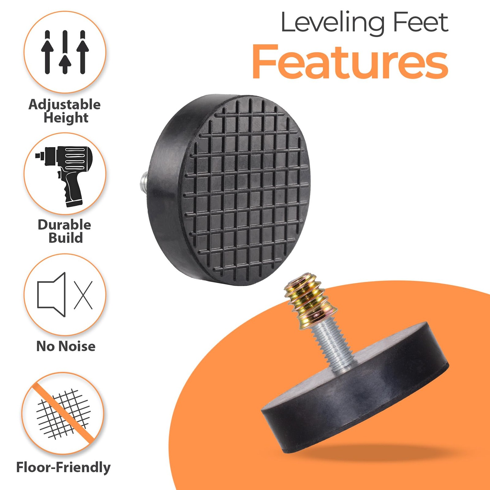 M8 Rubber Adjustable Leveling Feet Heavy Duty, 2" Base Dia Furniture Levelers