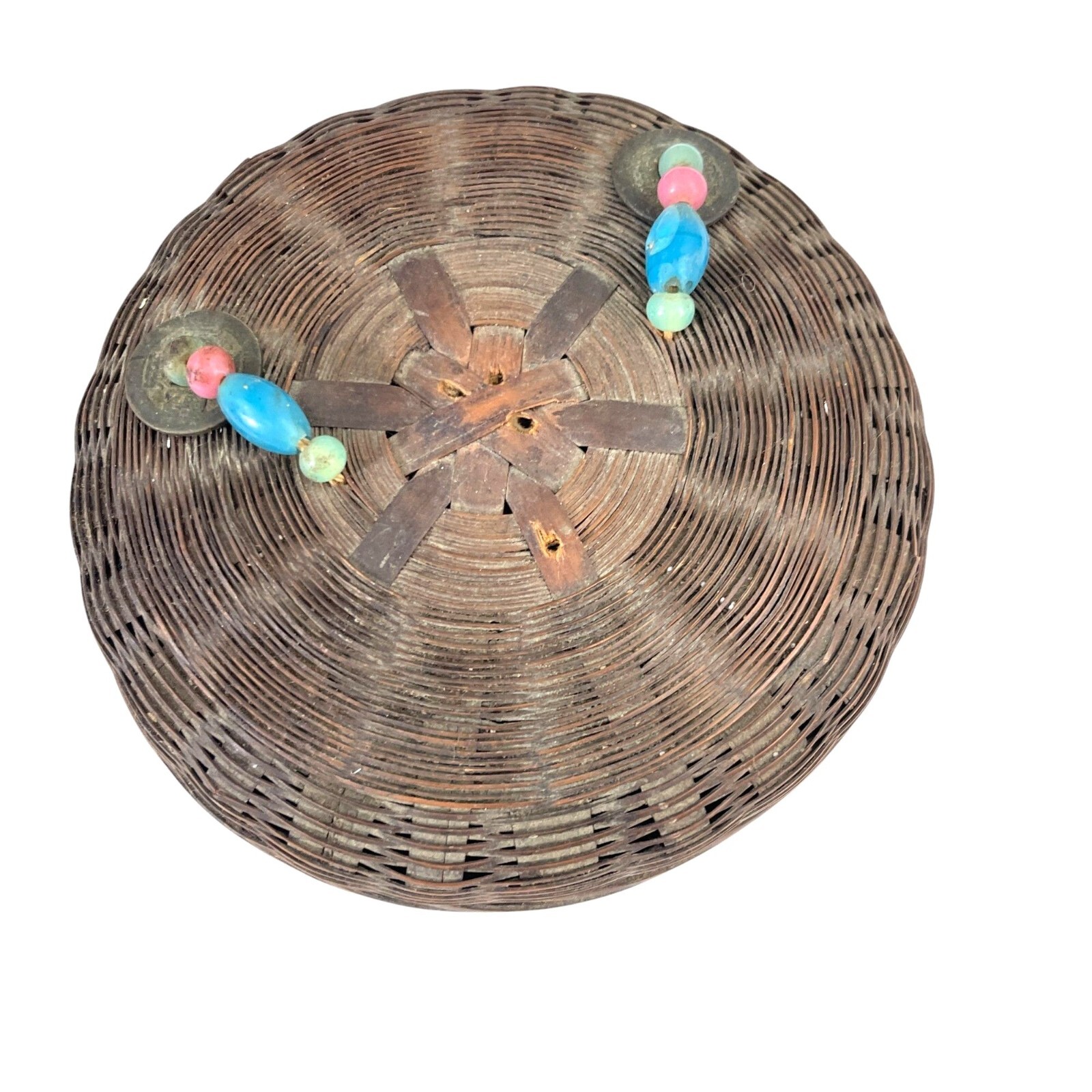 Vintage Woven Basket With Lid & Bead Accents