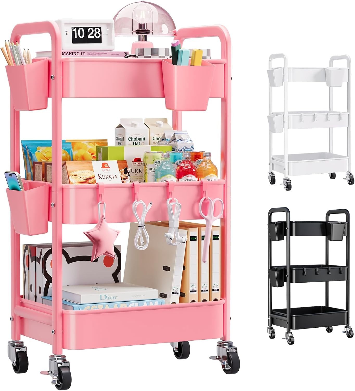 3 Tier Pink Rolling Cart with Lockable Wheels, Metal Utility Carts Organizer ...