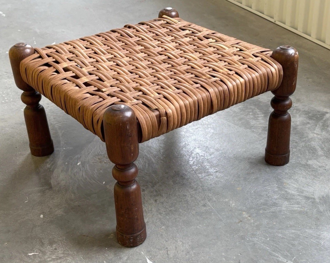 Antique Low Stool Angelo-Indian Style Dark Wood, Woven Seat MCM