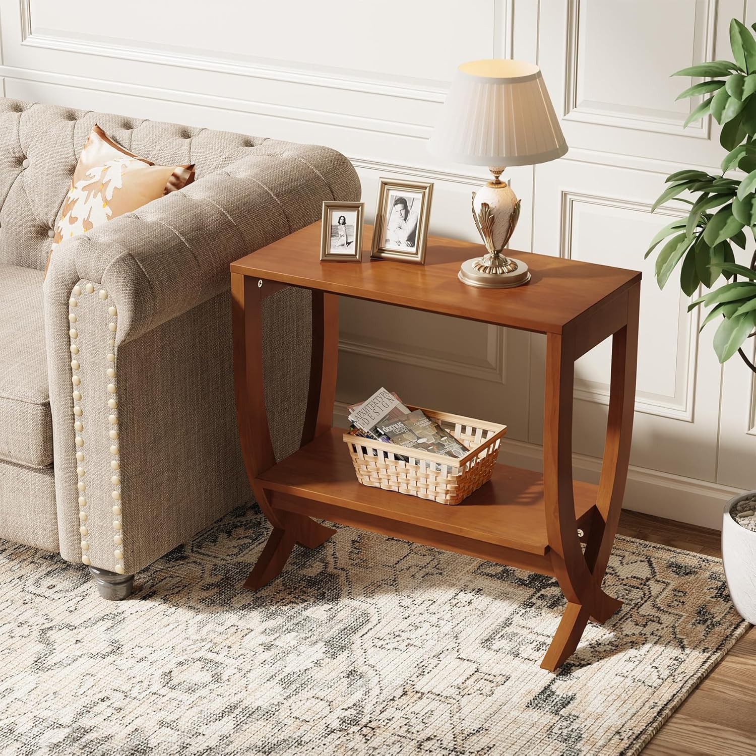 2-Tier Solid Wood End Table Modern Couch Side Table with Storage for Living Room