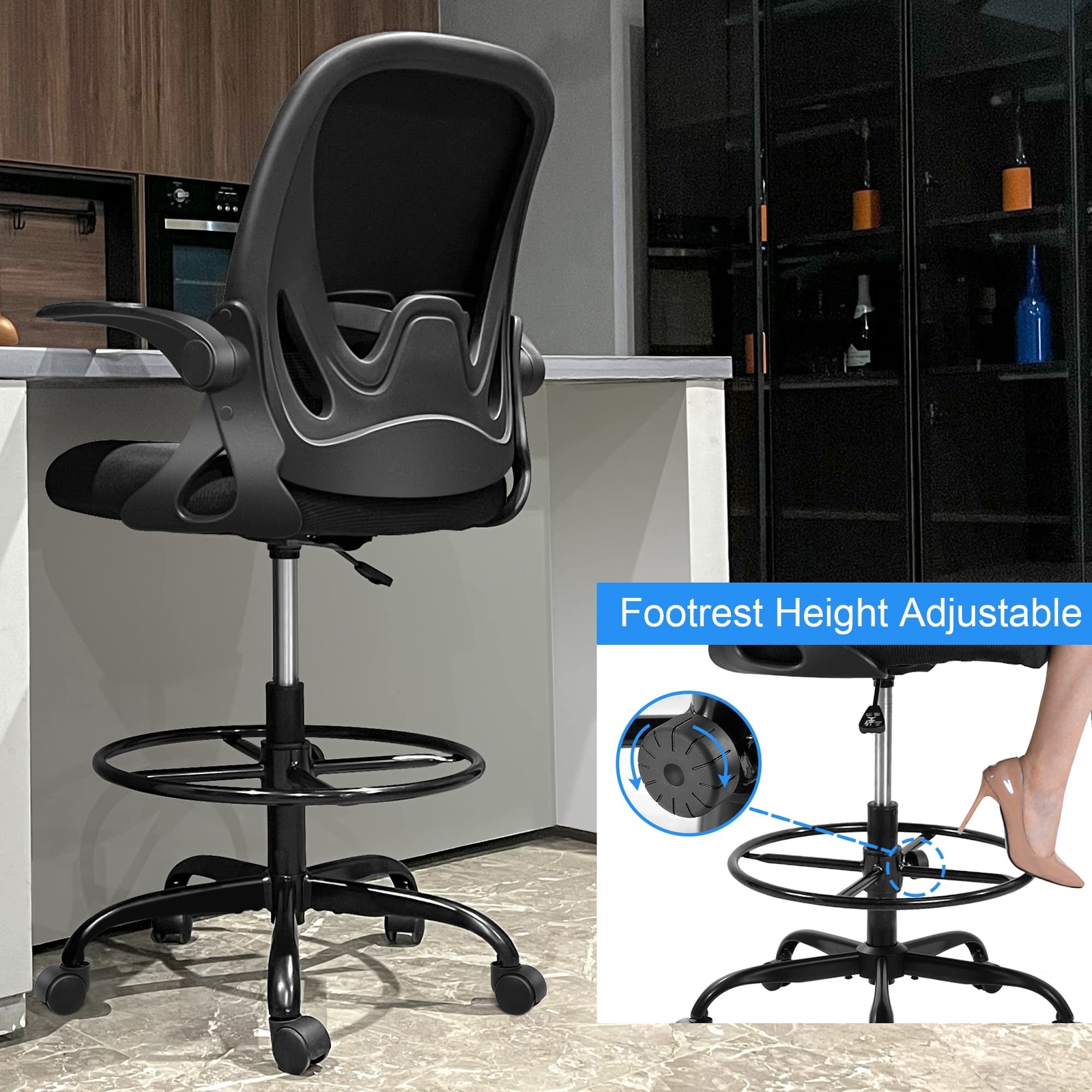 Primy Drafting Chair Tall Office Chair with Flip-up Armrests Executive Ergono...
