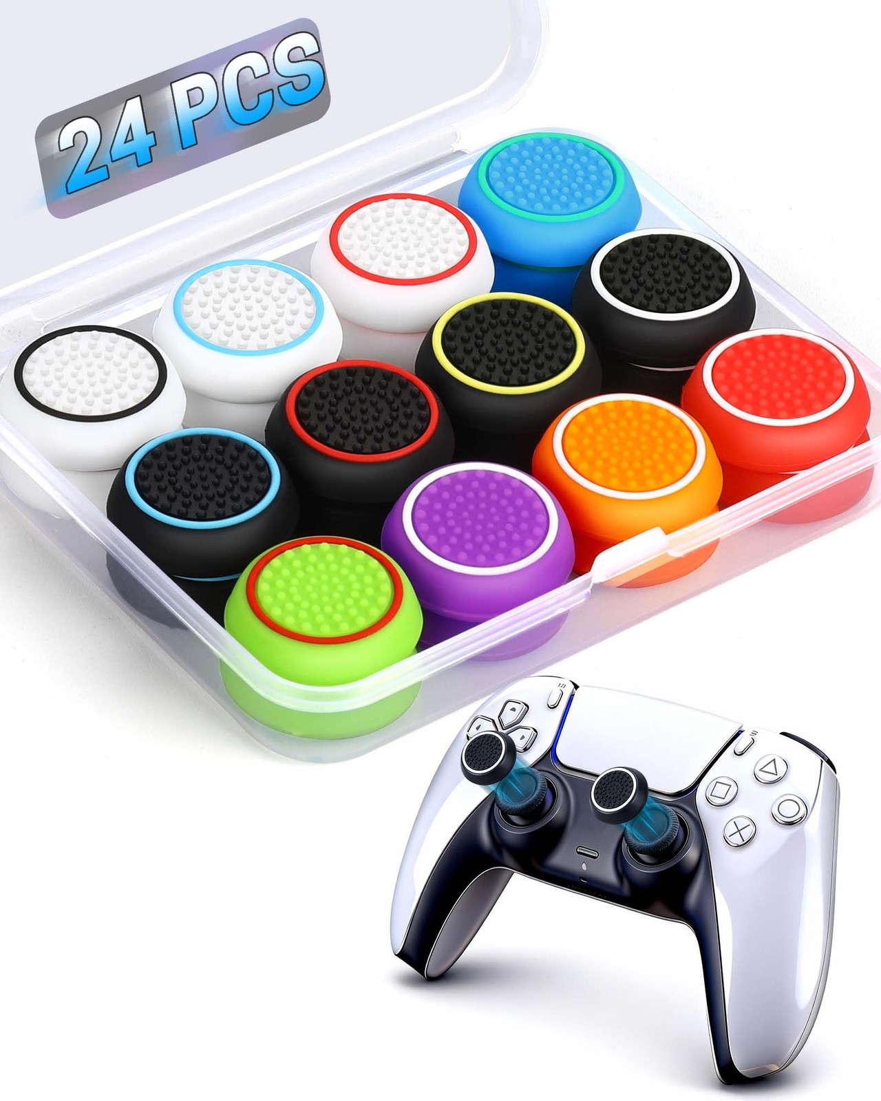 24 PCS Premium Silicone Thumb Grips black blue white red yellow green multi