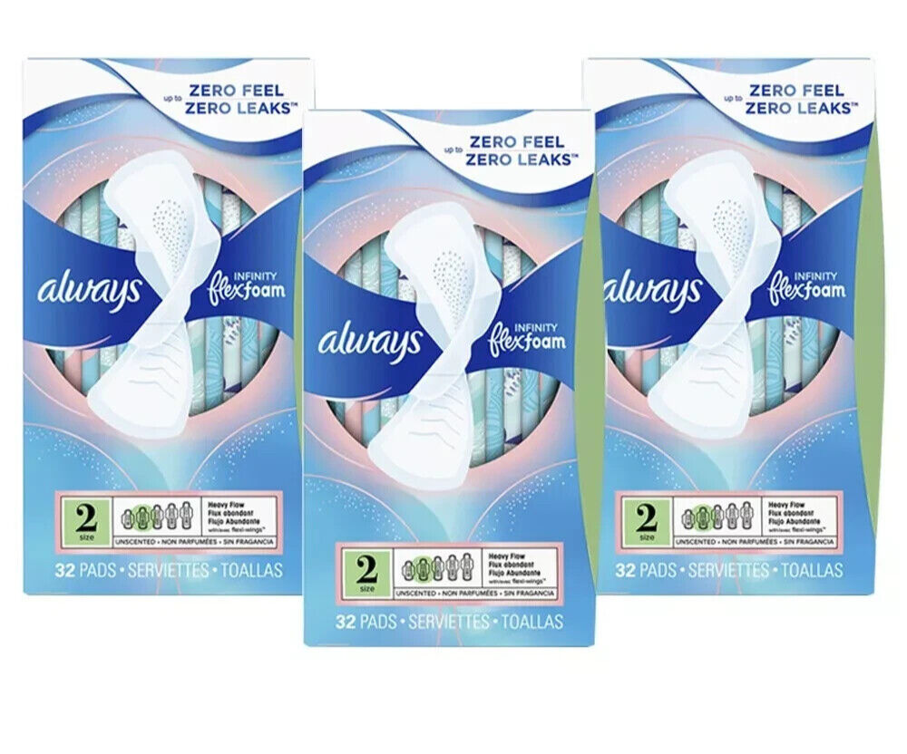 3XAlways Infinity Feminine Pads, Size 2 Heavy, wings 32ct  -Damaged Box