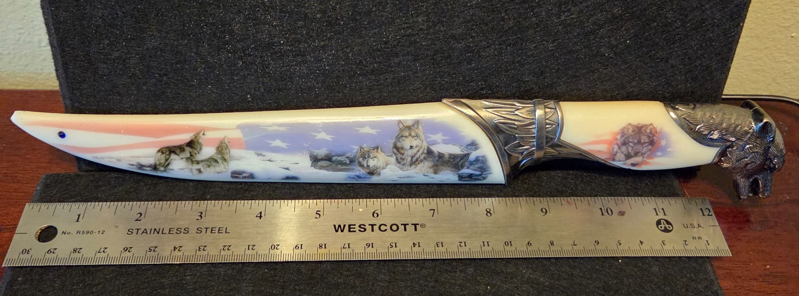 Wolf Head Fixed Blade Stainless Knife with Sheath & Handle Approx 13" Collectors