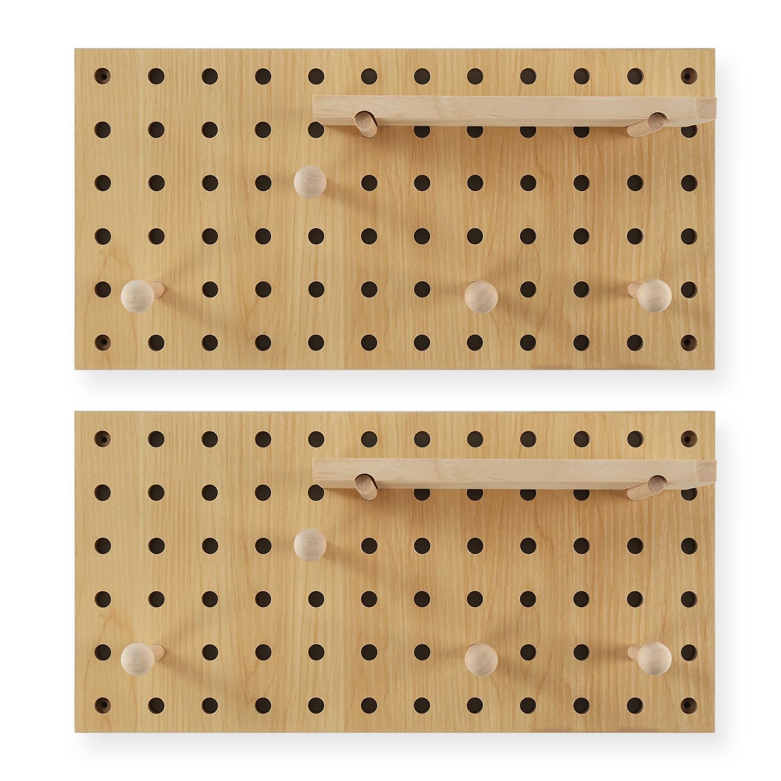 2 Pack Beige Wooden Pegboard Modular Wall Organizer Includes Hooks & Shelf