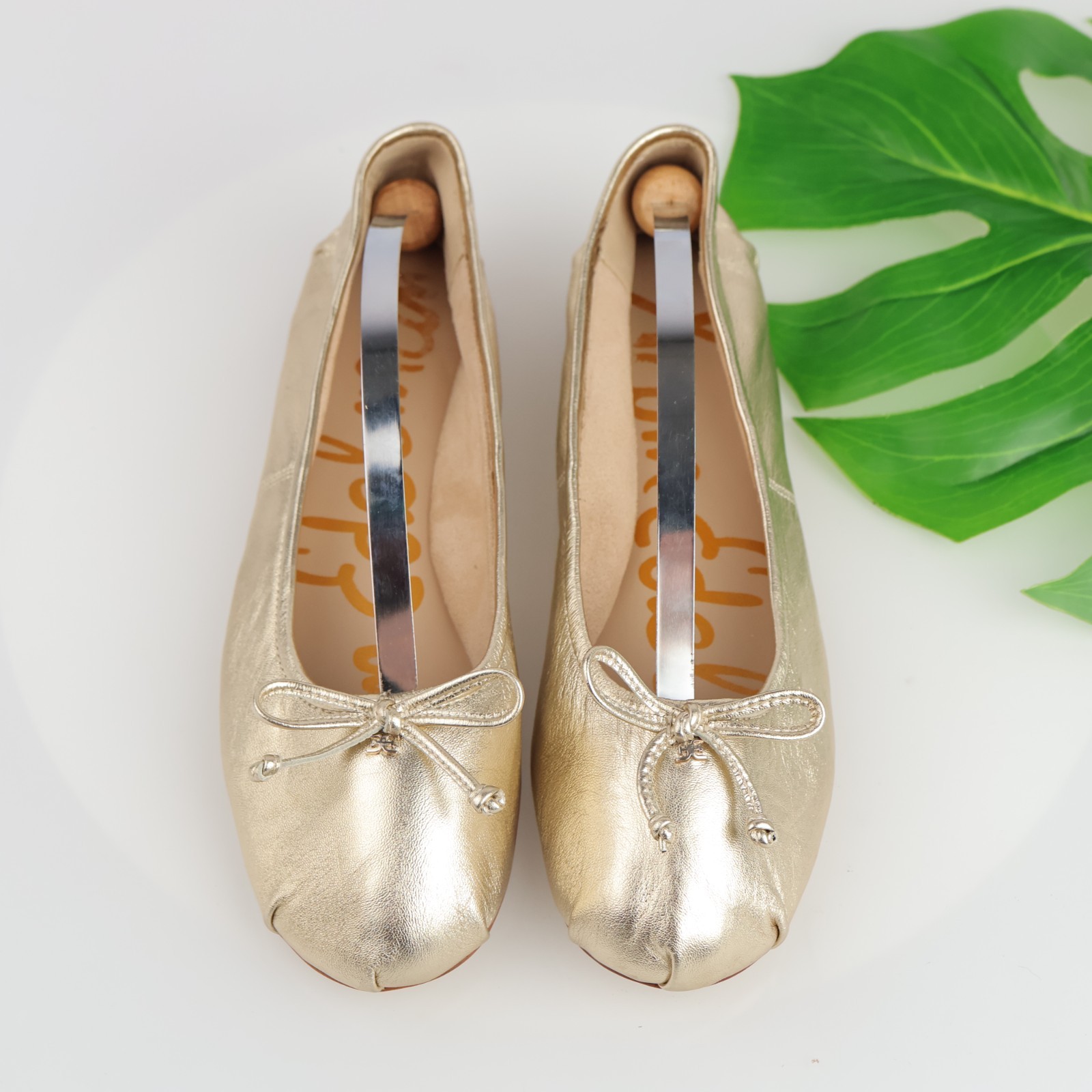 Sam Edelman Womens Zooey Ballet Flats Size 8 M Gold Metallic Leather Bow Shoes