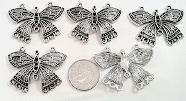 5 Antiqued Silver Plated Pewter 35x22mm Butterfly Ribbon Connectors *