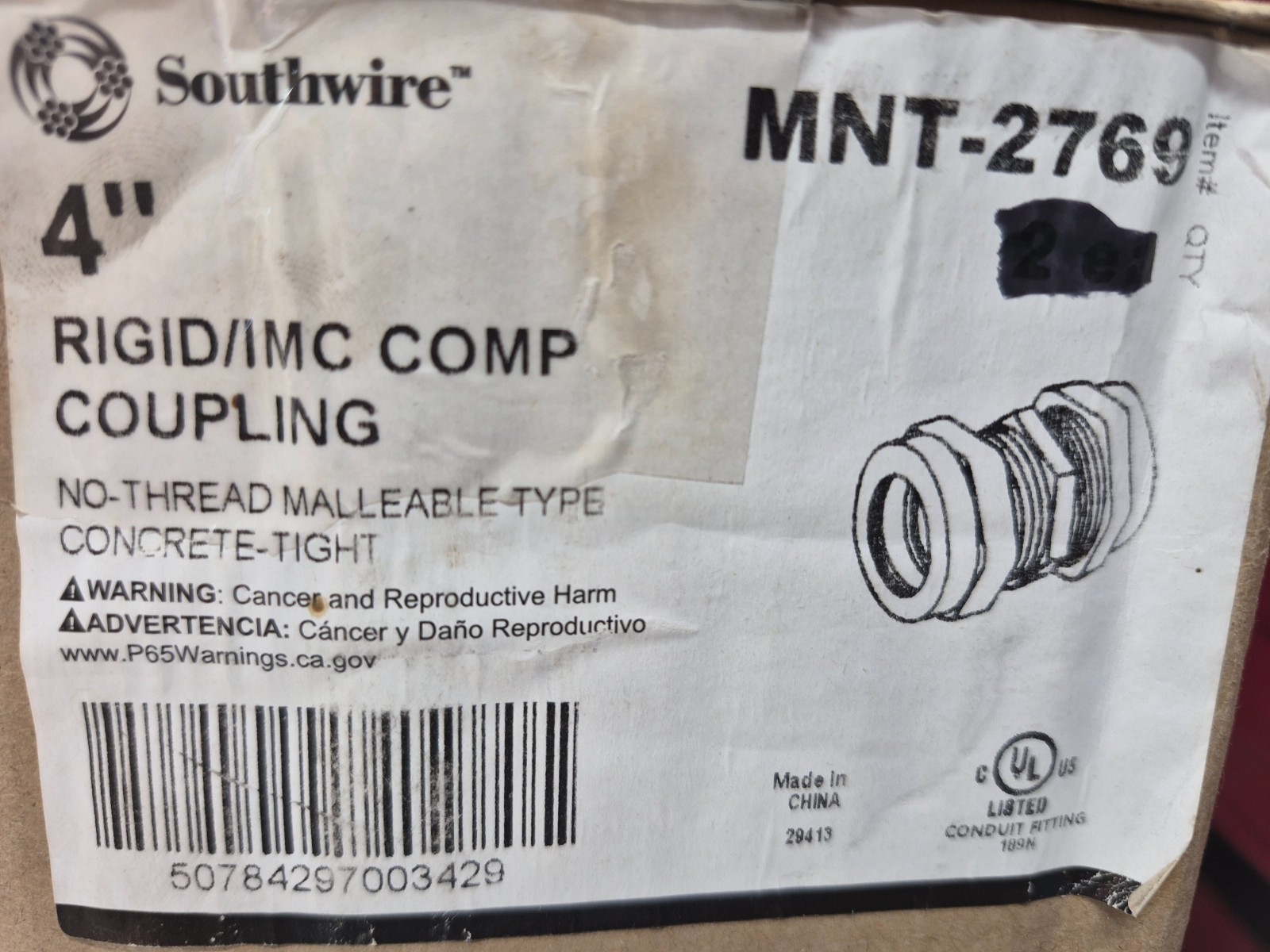 SOUTHWIRE MNT-2769, 4" Rigid/IMC Threadless Compression Conduit Coupling