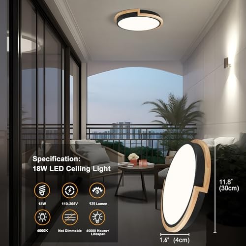 Modern LED Close to Ceiling Light, Round Shape Flush Mount 11.8 in Black