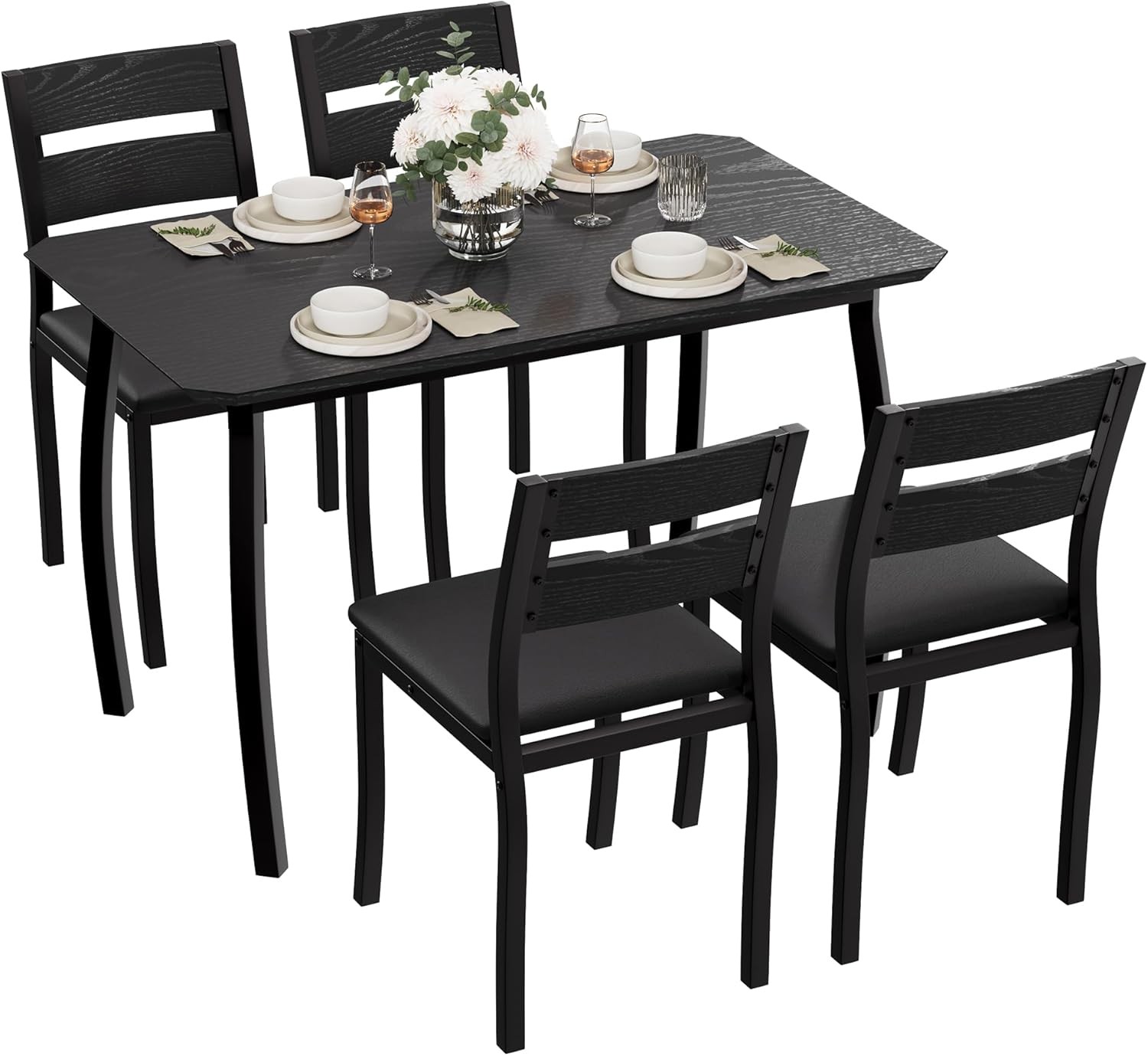 5 PCS Dining Table Set for 4 Modern Metal & Wood Dining Room Table Cushion Seats