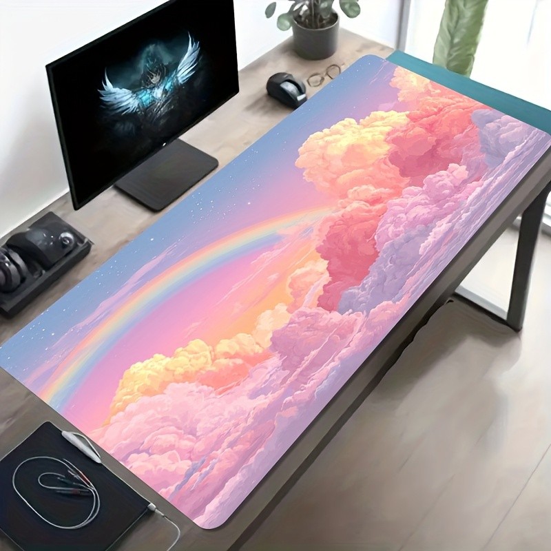 A Large Electronic Sports Gaming Mouse Pad Featuring a Rainbow Cloud Dreamy Sky