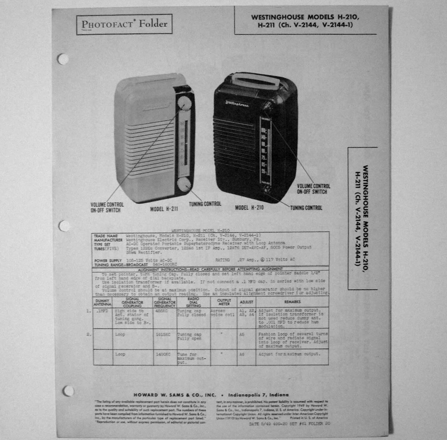 Westinghouse Models H-210 H-211 Portable Radio - SAMS Photofact ™ 1949 - New NOS