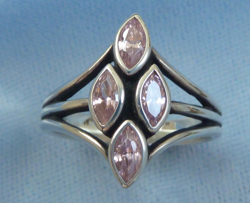 Vintage Sterling Ring, 5 X 3mm Pink CZ's  Konder #559