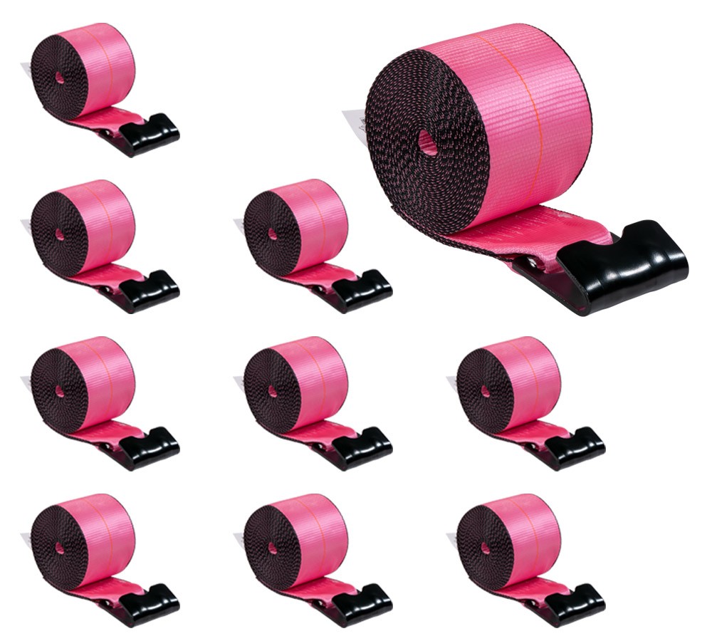 10 Pk 4"x30' Pink Winch Straps with Flat Hooks 5400 lbs WLL Tie Down Straps