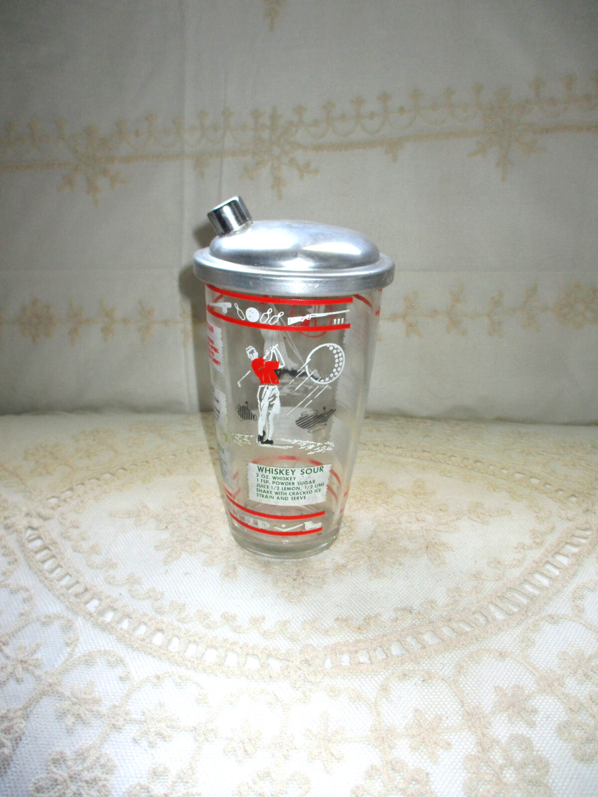 Sports Theme 1950s Glass Cocktail Shaker w Drink Recipes Mid Century Heavy Glass
