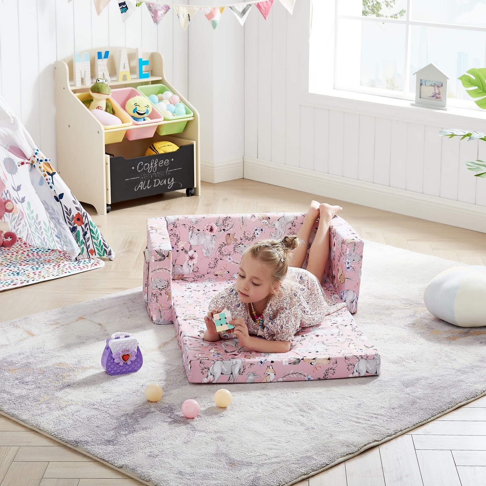 Kids Convertible Sofas Children Flip-Out Sofa - 2-in-1 to Lounge Chair (Pink ...