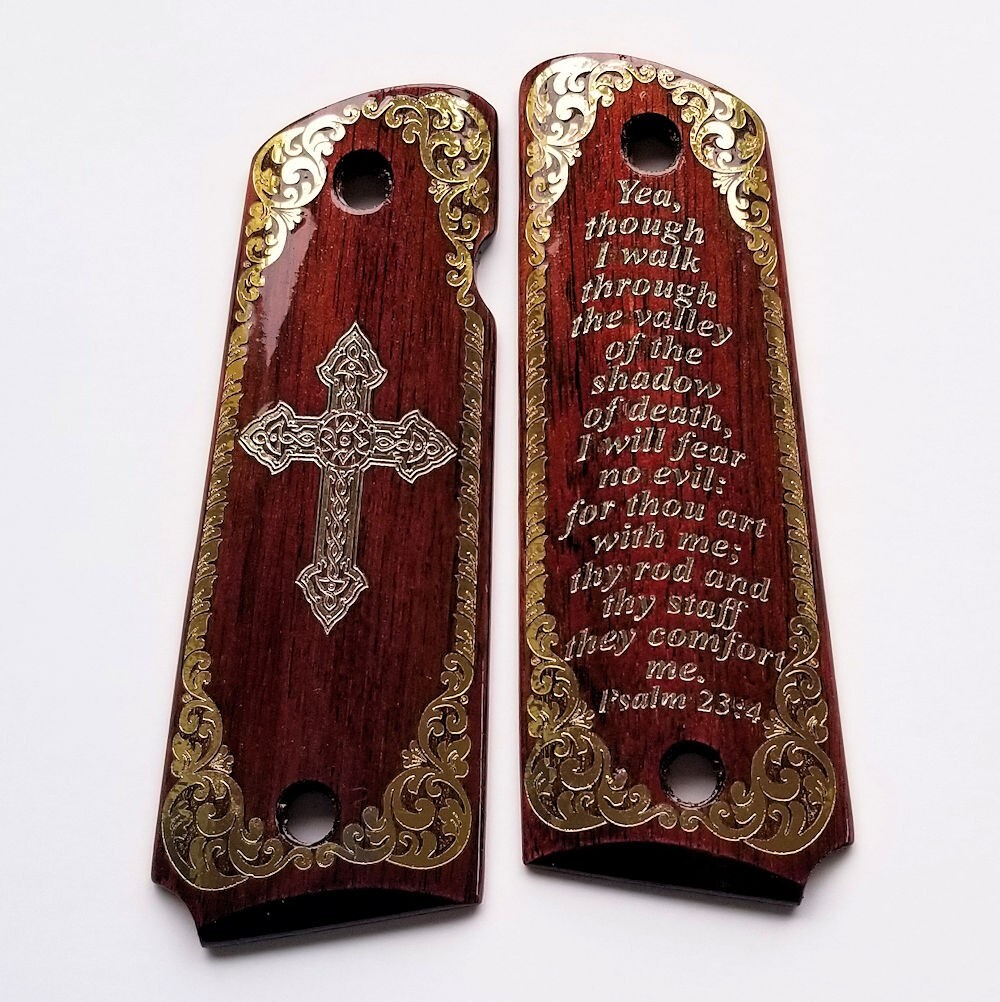 1911 full size custom engraved wood grips gold silver Psalm 23:4 Cross